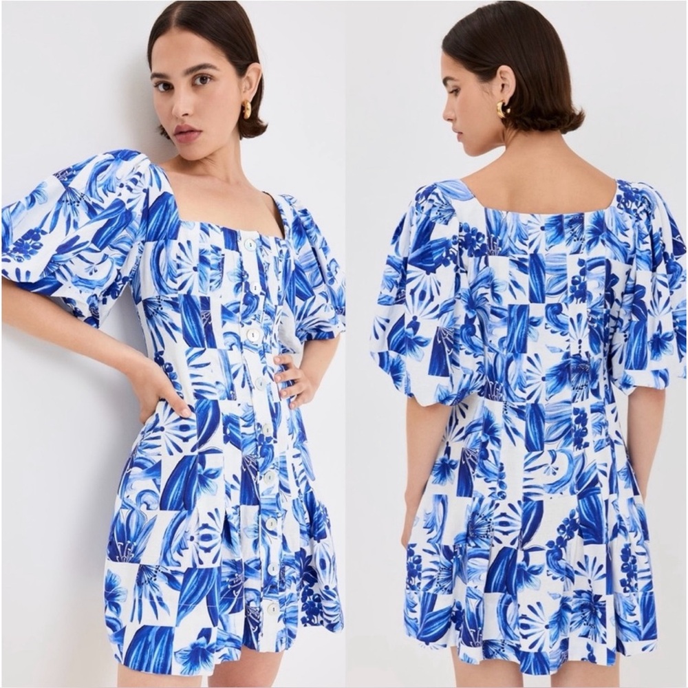 FARM Rio Blue and White Ruffled Tiered Sundress